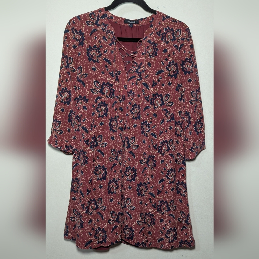 Madewell Silk Babydoll Dress Red Blue Cream Assam Floral Women's Size S